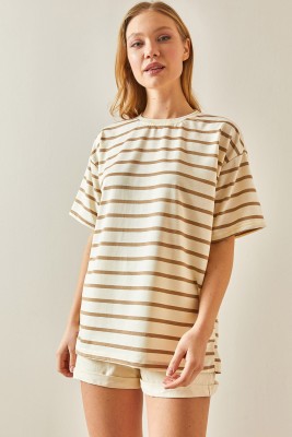 Vizon Çizgili & Bisiklet Yaka Oversize Tişört 4KXK1-47928-29 - 2