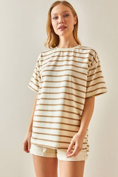 Vizon Çizgili & Bisiklet Yaka Oversize Tişört 4KXK1-47928-29 - 2