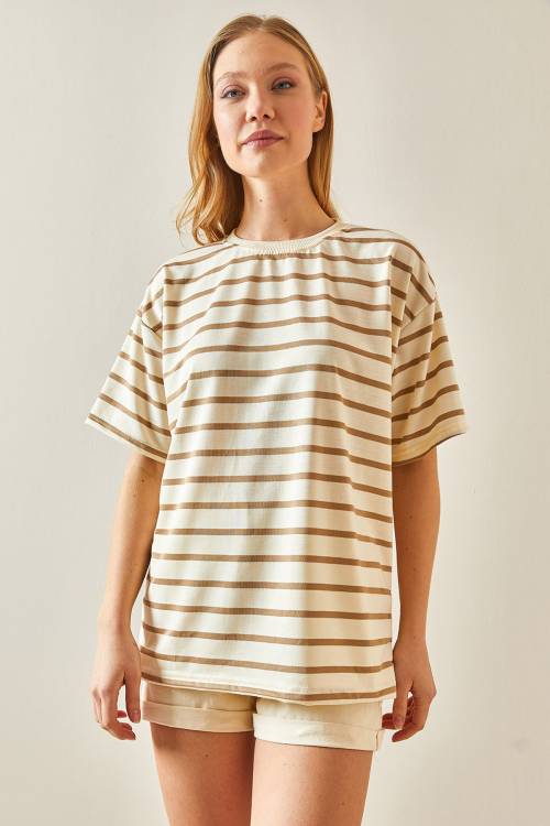 Vizon Çizgili & Bisiklet Yaka Oversize Tişört 4KXK1-47928-29 - 3
