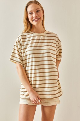 Vizon Çizgili & Bisiklet Yaka Oversize Tişört 4KXK1-47928-29 - 4