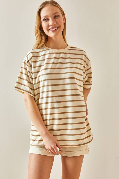 Vizon Çizgili & Bisiklet Yaka Oversize Tişört 4KXK1-47928-29 - 4