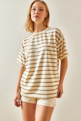 Vizon Çizgili & Bisiklet Yaka Oversize Tişört 4KXK1-47928-29 - 6
