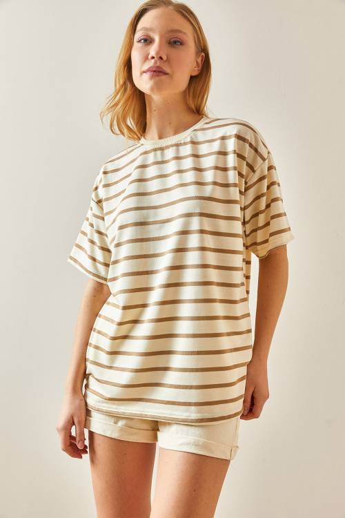 Vizon Çizgili & Bisiklet Yaka Oversize Tişört 4KXK1-47928-29 - 6