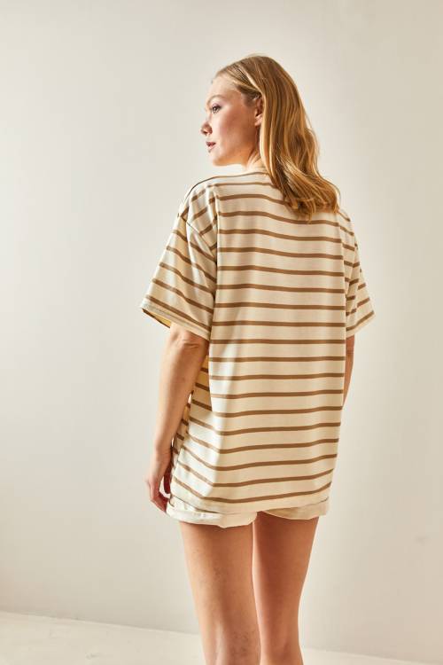 Vizon Çizgili & Bisiklet Yaka Oversize Tişört 4KXK1-47928-29 - 7