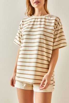 Vizon Çizgili & Bisiklet Yaka Oversize Tişört 4KXK1-47928-29 