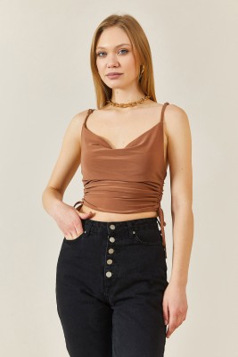 Vizon Degaje Yaka Yanı Büzgülü Crop Bluz 3YXK2-46885-29 - 2