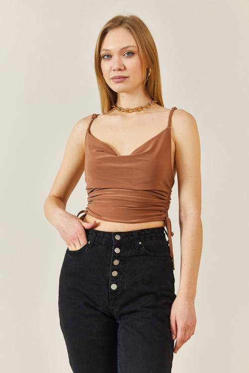 Vizon Degaje Yaka Yanı Büzgülü Crop Bluz 3YXK2-46885-29 - 2