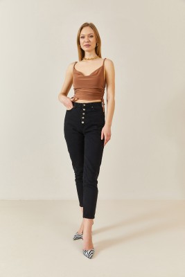 Vizon Degaje Yaka Yanı Büzgülü Crop Bluz 3YXK2-46885-29 - 5