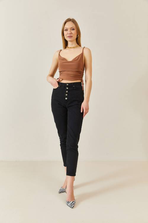 Vizon Degaje Yaka Yanı Büzgülü Crop Bluz 3YXK2-46885-29 - 5
