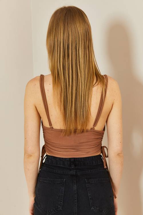 Vizon Degaje Yaka Yanı Büzgülü Crop Bluz 3YXK2-46885-29 - 6