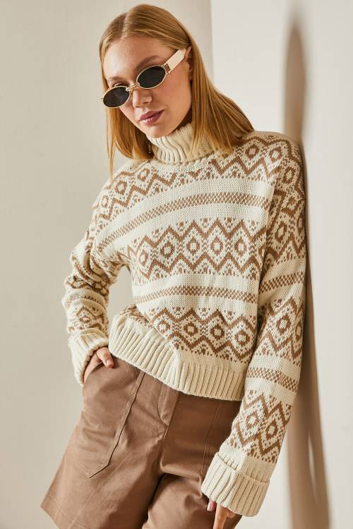 Vizon Etnik Desenli Boğazlı Crop Kazak 4KXK3-47590-29 - 2