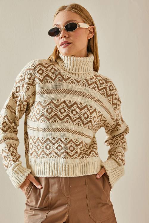 Vizon Etnik Desenli Boğazlı Crop Kazak 4KXK3-47590-29 - 3