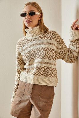 Vizon Etnik Desenli Boğazlı Crop Kazak 4KXK3-47590-29 - 5