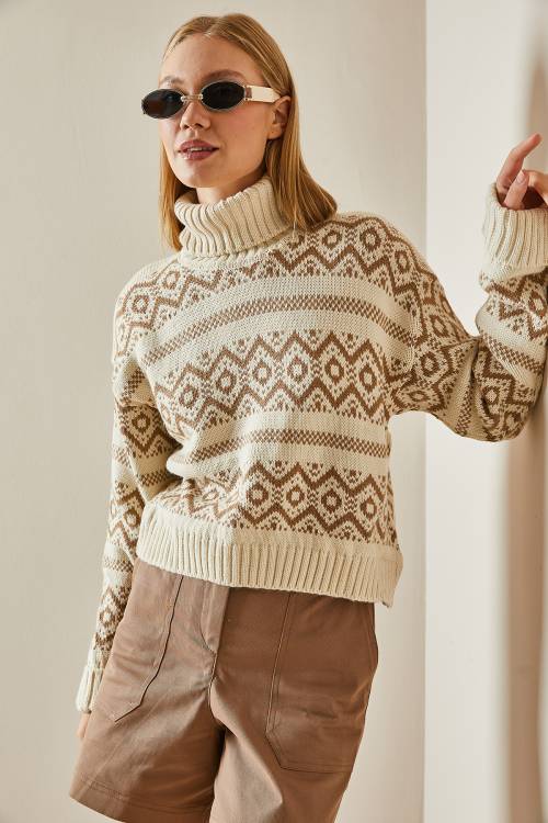 Vizon Etnik Desenli Boğazlı Crop Kazak 4KXK3-47590-29 - 5