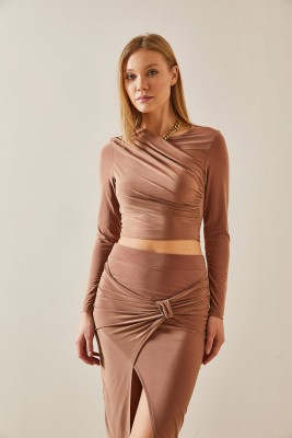 Vizon Kruvaze Yaka Drapeli Crop Bluz 4KXK2-47776-29 - 5
