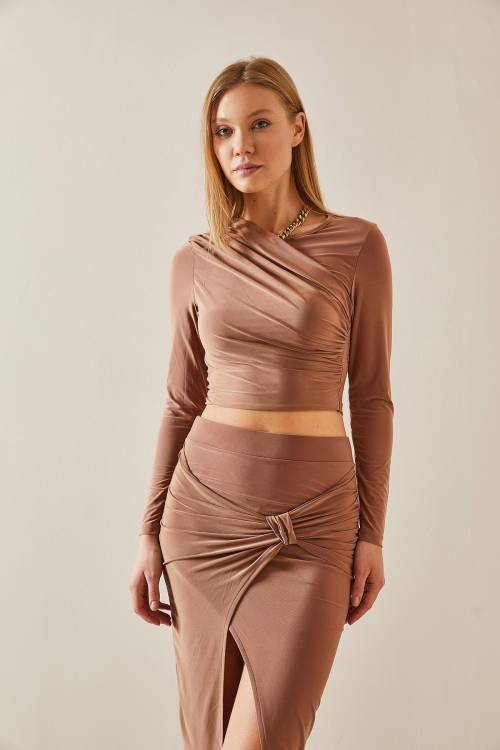 Vizon Kruvaze Yaka Drapeli Crop Bluz 4KXK2-47776-29 - 5