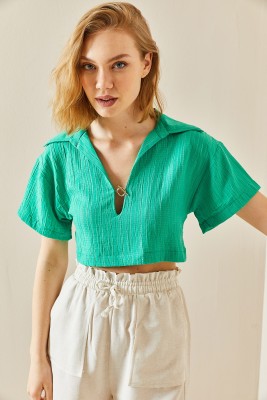 Yeşil Aksesuar Detaylı Dokulu Crop Bluz 3YXK2-47295-08 