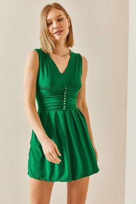 XHAN - Yeşil Belden Oturtmalı Drapeli Elbise 3YXK6-47258-08