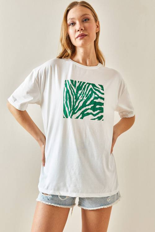Yeşil Bisiklet Yaka Baskılı Oversize Tişört 4KXK1-47924-08 - 2