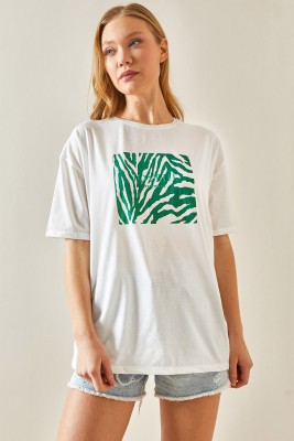 Yeşil Bisiklet Yaka Baskılı Oversize Tişört 4KXK1-47924-08 - 3