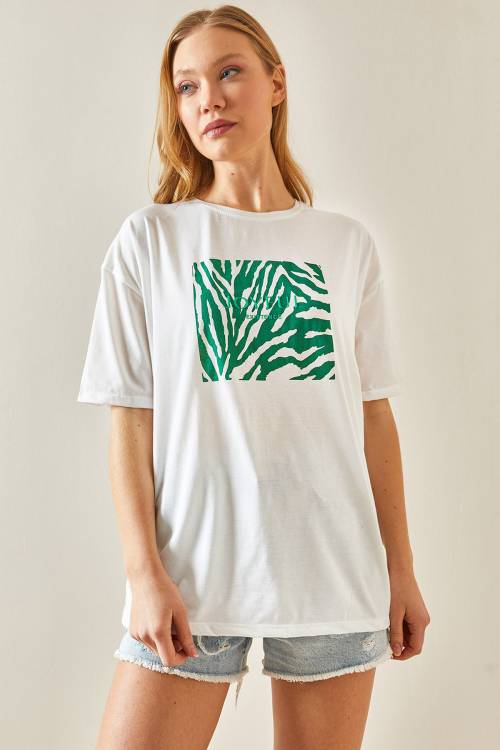 Yeşil Bisiklet Yaka Baskılı Oversize Tişört 4KXK1-47924-08 - 3