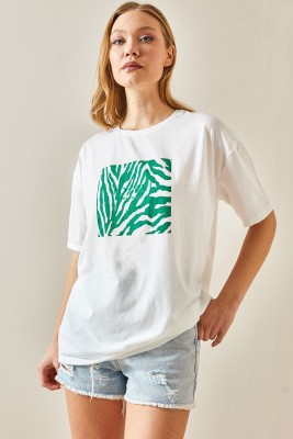 Yeşil Bisiklet Yaka Baskılı Oversize Tişört 4KXK1-47924-08 - 4