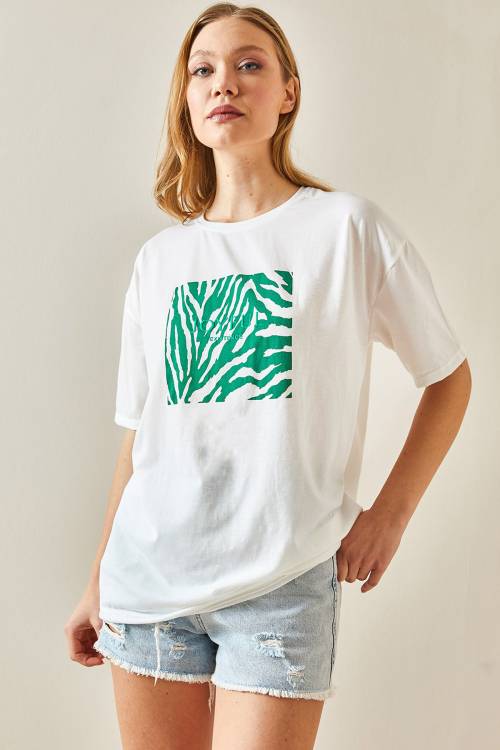 Yeşil Bisiklet Yaka Baskılı Oversize Tişört 4KXK1-47924-08 - 4