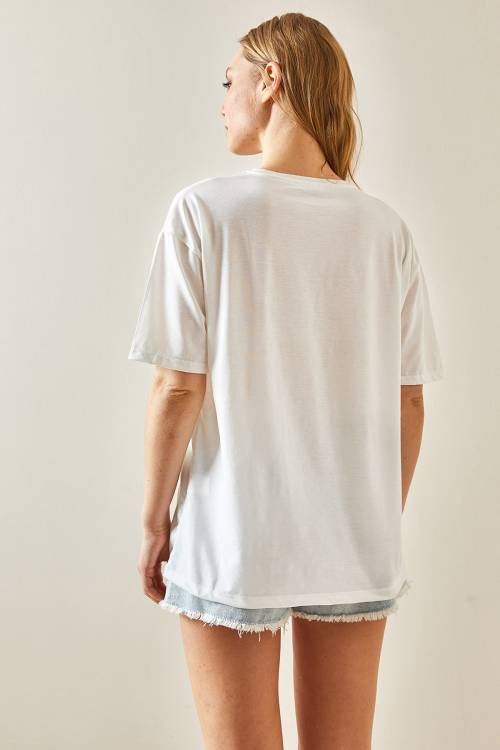 Yeşil Bisiklet Yaka Baskılı Oversize Tişört 4KXK1-47924-08 - 5