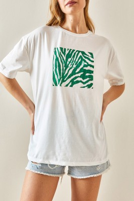 Yeşil Bisiklet Yaka Baskılı Oversize Tişört 4KXK1-47924-08 