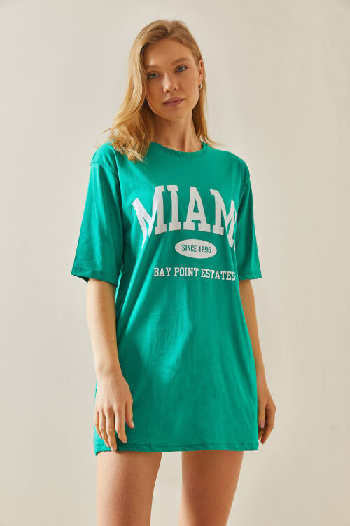 Yeşil Bisiklet Yaka Yazılı Oversize Midi Tişört 5YXK1-48008-08 - 2