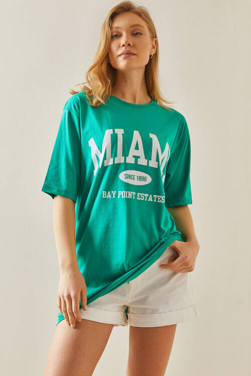 Yeşil Bisiklet Yaka Yazılı Oversize Midi Tişört 5YXK1-48008-08 - 4