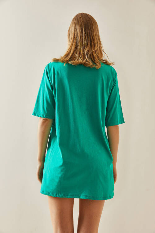 Yeşil Bisiklet Yaka Yazılı Oversize Midi Tişört 5YXK1-48008-08 - 7