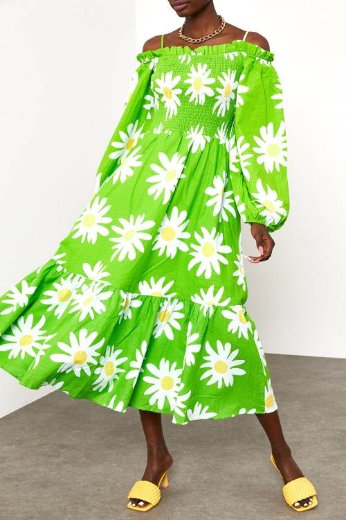 XHAN - Yeşil Desenli Askılı Straplez Elbise 2KXK6-45688-08