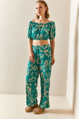 XHAN - Yeşil Desenli & Dokulu Crop İkili Takım 3YXK8-47340-08
