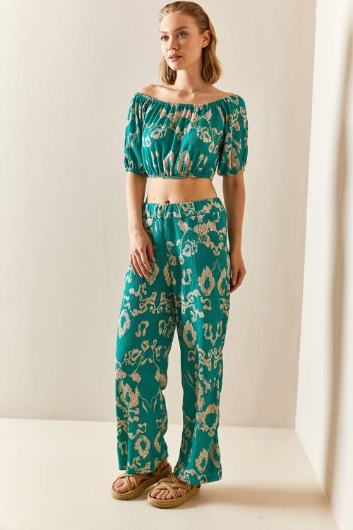 Yeşil Desenli & Dokulu Crop İkili Takım 3YXK8-47340-08 - 1