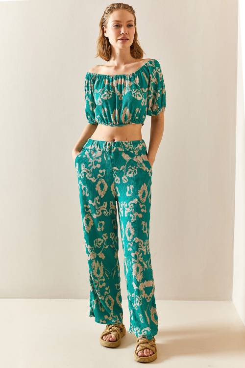 Yeşil Desenli & Dokulu Crop İkili Takım 3YXK8-47340-08 - 2