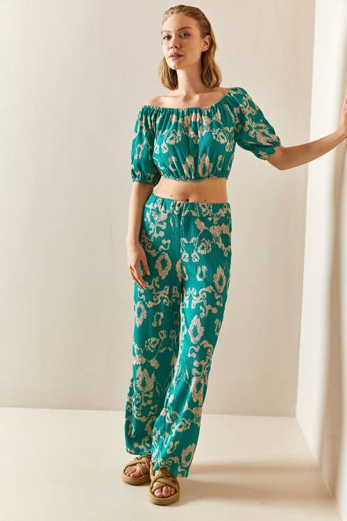 Yeşil Desenli & Dokulu Crop İkili Takım 3YXK8-47340-08 - 3