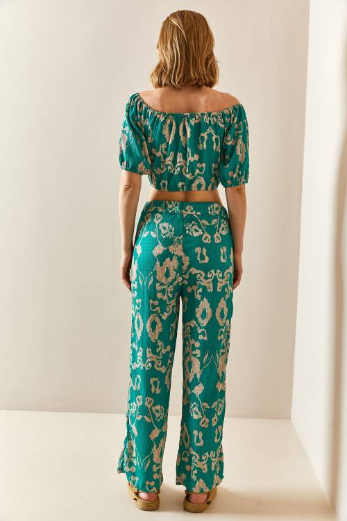 Yeşil Desenli & Dokulu Crop İkili Takım 3YXK8-47340-08 - 4