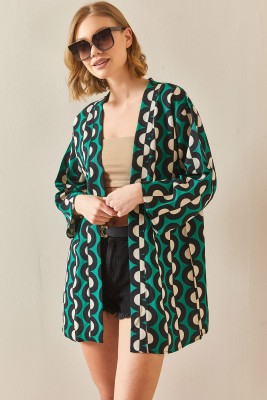 Yeşil Desenli Keten Kimono 3YXK4-47091-08 