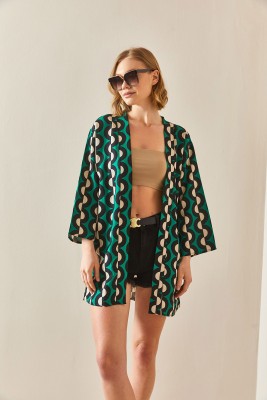 Yeşil Desenli Keten Kimono 3YXK4-47091-08 - 2