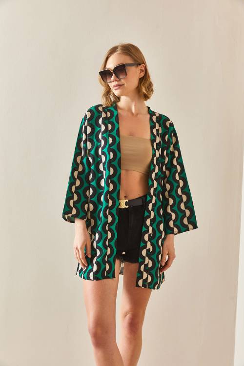 Yeşil Desenli Keten Kimono 3YXK4-47091-08 - 2