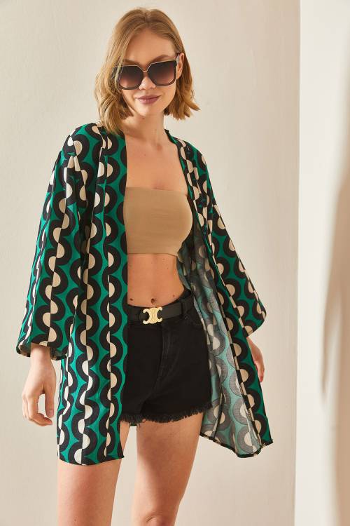 Yeşil Desenli Keten Kimono 3YXK4-47091-08 - 3