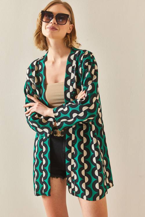 Yeşil Desenli Keten Kimono 3YXK4-47091-08 - 4