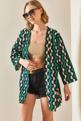 Yeşil Desenli Keten Kimono 3YXK4-47091-08 - 5