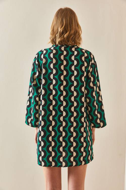 Yeşil Desenli Keten Kimono 3YXK4-47091-08 - 6