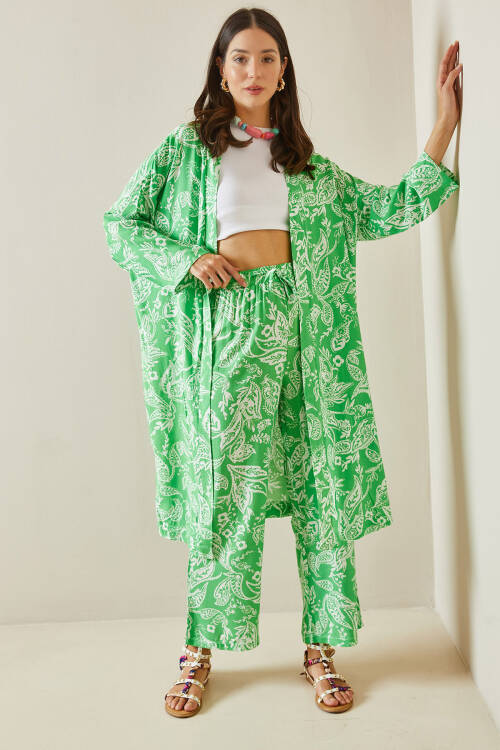 Yeşil Desenli Kimono Takım 5YXK8-48669-08 - 2