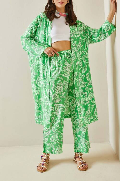 Yeşil Desenli Kimono Takım 5YXK8-48669-08 - 1