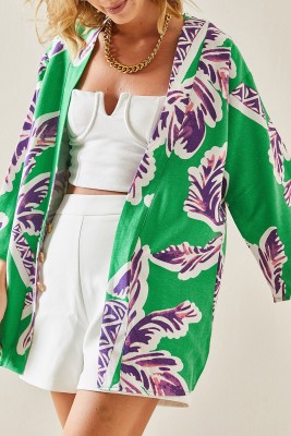 XHAN - Yeşil Desenli Oversize Keten Kimono 3YXK4-47503-08