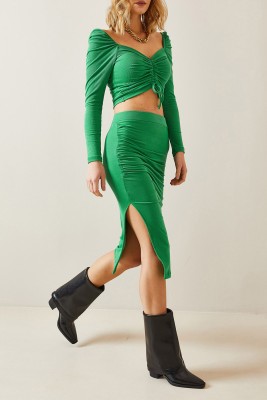 XHAN - Yeşil Drape Detaylı Yırtmaçlı Kaşkorse Etek 4KXK7-47726-08