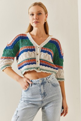 Yeşil Fakir Kol Renkli Crop Hırka 4KXK3-47734-08 - 2